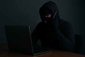 ein Angreiffer sitzt vor seinem Laptop am Telefon