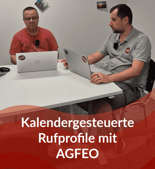 Zwei Männer bei einem Meeting mit AGFEO-Laptops im Büro.